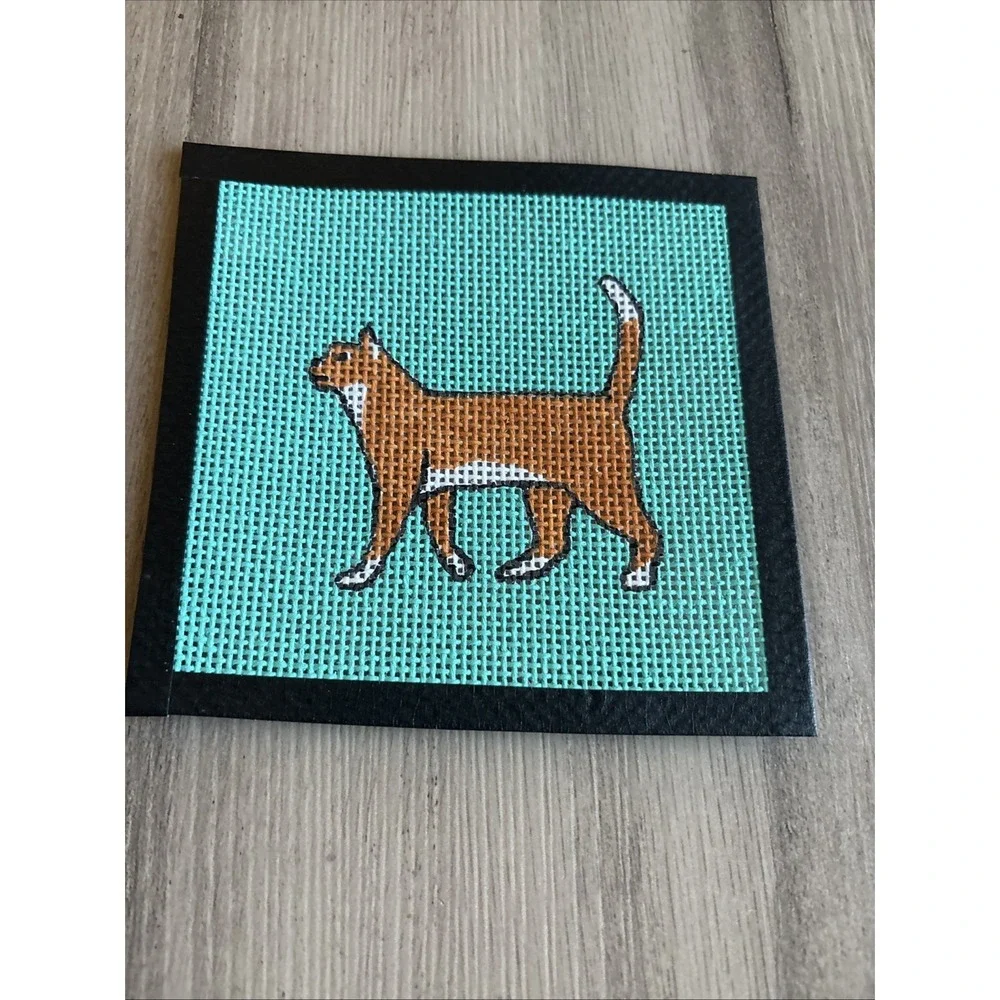Handpainted Needlepoint cross‎ stitch Canvas Orange Cat Teal 5
